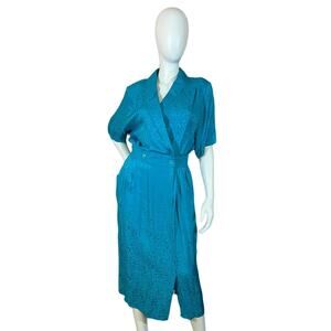 1990s Vintage Royal Silk Turquoise Silk Wrap Dress Floral Midi Size 10